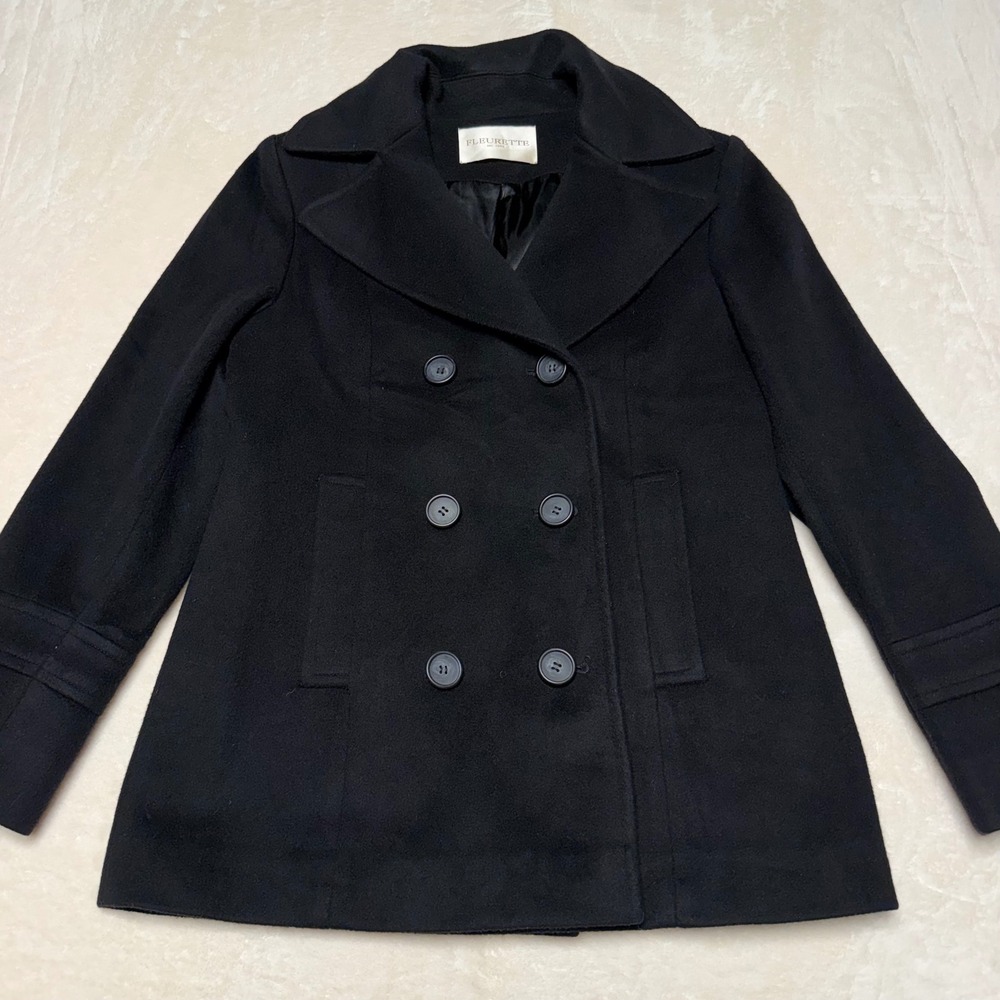 Fleurette Loro Piana 100% Wool Double Breasted Black Pea Coat Womens 8 Luxury